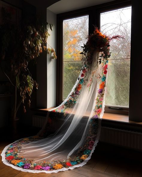 Unique and showstopping wedding veil inspiration, embroidered wedding veil, veil ideas, floral veil, bridal veil (c) Paje Honor Embroider Wedding Veil, Mexican Veil Traditional, Mexican Floral Wedding Dress, Long Veils Bridal Floral, Mexican Embroidered Veil, Colorful Bridal Veil, Non Traditional Wedding Veil, Native American Wedding Veil, Colorful Flower Veil