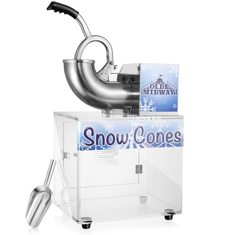 PRICES MAY VARY. Commercial-grade snow cone machine with dual blades: Olde Midway's snow cone machine features a stainless steel hopper with a 4-1/2 inch opening and dual stainless steel blades. It is ETL-certified and approved for commercial use. This snow cone maker runs on a 1/4 HP copper motor and crushes approximately 440 pounds of ice per hour. This ice crusher offers visual appeal and lasting durability. Heavy-duty acrylic cabinet with non-slip feet: This snow cone machine is designed wit Snow Cone Maker, Snow Cone Machine, Church Fundraisers, Ice Shavers, Snow Machine, Ice Storage, Ice Scoop, At Home Movie Theater, Acrylic Cabinets