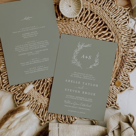 Whimsical Minimalist, Minimalist Leaves, Bold Wedding Invitations, Forest Foliage, Popular Wedding Invitations, Minimalist Mountain, Budget Wedding Invitations, Light Sage Green, Leaf Silhouette