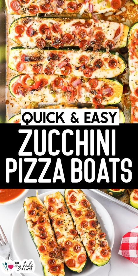 These zucchini pizza boats are a delicious way to enjoy your vegetables! Top with your favorite pizza toppings like pepperoni, sausage, ham, peppers and more! Zucchini Boat Pizza, Pizza Zucchini Boats, Zucchini Pizza Boats, Pizza Boats, Freezing Zucchini, Kids Plate, Zucchini Pizza, Pork Soup, Zucchini Pizzas