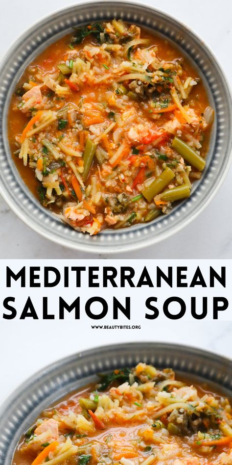 This is a simple Mediterranean salmon soup recipe that will warm you up and keep you healthy. Packed with a lot of different vegetables and healthy salmon this delicious easy soup is good for your soul and your body. Soup Toppings, Crockpot Salmon, Salmon Lentils, Clean Eating Salmon, Mediterranean Soup, Salmon Soup, Mediterranean Salmon, Best Fish Recipes, Lemon Soup