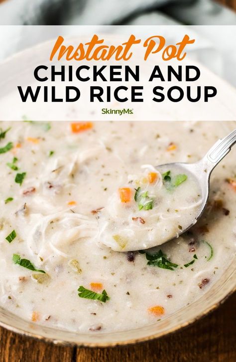 Warm up with this rich and creamy Instant Pot Chicken & Wild Rice Soup. This super easy, slimmed down Instant Pot recipe makes homemade soup easy! Creamy Instant Pot Chicken, Panera Recipes, Chicken And Wild Rice Soup, Wild Rice Soup Recipes, Chicken Wild Rice, Chicken Wild Rice Soup, Rice Soup Recipes, Chicken Rice Soup, Instant Pot Recipe