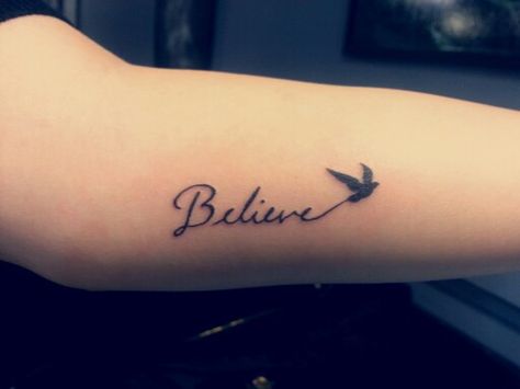 Believe tattoo , bird tattoo ,small tattoo Lettering tattoo Believe Tattoos For Women, Believe Tattoo Design, Wording Tattoo, Believe Wrist Tattoo, Destiny Tattoo, Believe Tattoo, Bird Tattoo Design, Believe Tattoos, Plane Tattoo