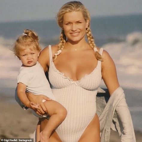 Model mom: The now 56-year-old is seen here with a young Gigi during her modeling days... Yolanda Hadid Young, Young Gigi Hadid, Yolanda Foster, Yolanda Hadid, Toned Tummy, Hadid Sisters, Modeling Career, Gigi Hadid, Bella Hadid