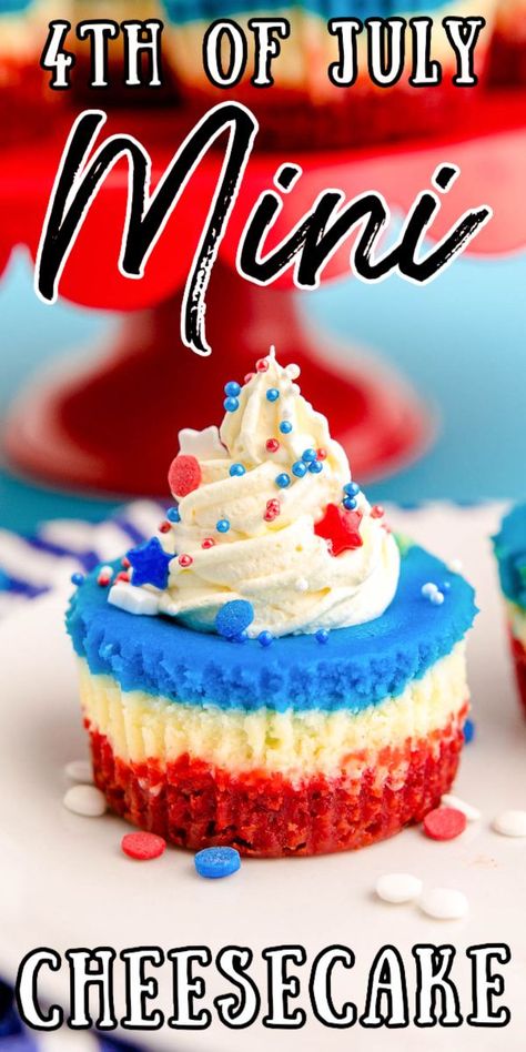 Red White And Blue No Bake Cheesecake, 4th July Food, Cake Batter Dip, Shortbread Cookie Crust, Plain Cheesecake, Layered Dessert, Mini Cheesecake Recipes, Patriotic Desserts, Blue Desserts