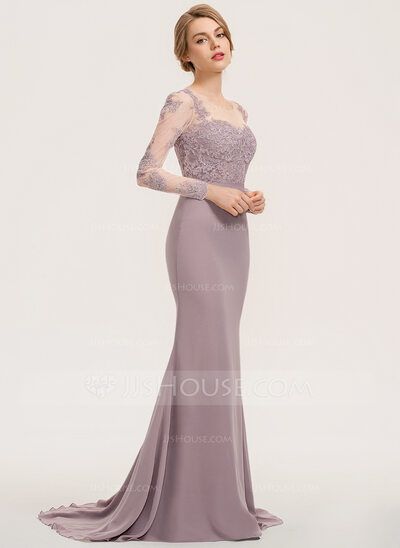 [£117.00] Trumpet/Mermaid Scoop Neck Sweep Train Chiffon Lace Bridesmaid Dress Baju Pengapit, Trumpet Wedding Gown, Trumpet Wedding Dress Lace, Wedding Frocks, High Neck Lace Dress, Lace Bridesmaid Dress, Trumpet Dress, Trumpet Wedding Dress, Lace Bridesmaids