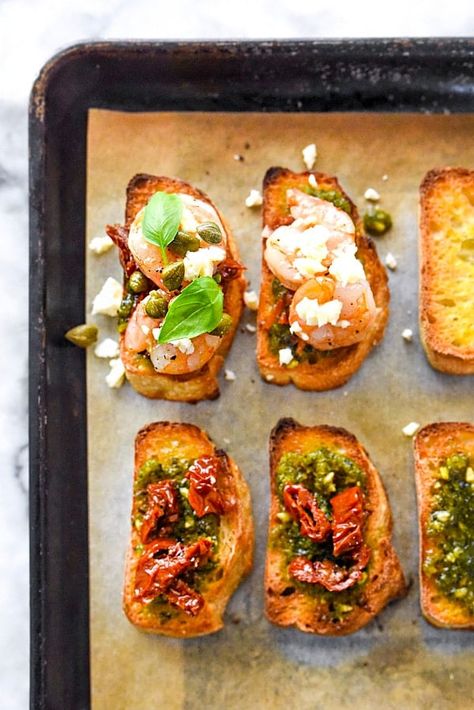 Pesto and Garlic Shrimp Bruschetta Recipe | foodiecrush.com Bruschetta With Balsamic Glaze, Shrimp Bruschetta, Poached Shrimp, Pesto Shrimp, Elegant Appetizers, Bruschetta Recipe, Foodie Crush, Garlic Shrimp, Sun Dried Tomatoes