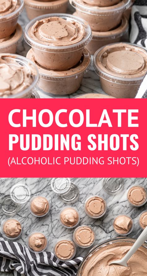 5-Ingredient Basic Chocolate Pudding Shots -- These luscious alcoholic pudding shots are heavenly little cups of alcohol-infused pudding that are sure to make you the host or hostess with the mostest. They're a cool and creamy adult treat that's always a hit at summer parties! | pudding shots recipes | Baileys pudding shots | vodka pudding shots | easy pudding shots #summerrecipes #summerfood #puddingshots #alcoholicdrinks #partydrinks #partyideas #cookoutfood #cookoutrecipe #drinkrecipes Pudding Shots Recipes Alcohol, Caramel Vodka Pudding Shots, Jello Pudding Shots Recipes, Mud Slide Pudding Shots, Peach Pudding Shots, Frozen Shots Alcohol, Whipped Vodka Pudding Shots, Dirt Pudding Shots, Baileys Kaluha Pudding Shots