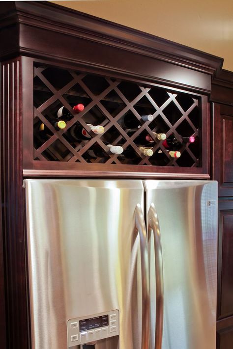 Wine Rack Above Fridge, Diy Wine Rack Design, Kitchen Cabinet Wine Rack, Wine Rack Ideas, Above Refrigerator, Above Fridge, Wine Rack Projects, Top Kitchen Cabinets, Wine Rack Design