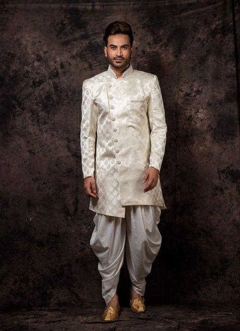 Indo Western Sherwani With Self Weaved Imported Fabric + Side Gala + Indo-Western Sherwani + Ends little above Knee Length ✍️ Attributes - Sherwani👉Colour–Cream👉Fabric - Self Weaved Imported Fabric (Does Not Has any specific Name)👉Work Type - Self Weaved Imported Fabric + Side Gala + Indo-Western Sherwani Pattern + Ends little above Knee Length✍️Choice Of Bottom 👉 Chudidar Pajama👉 Dhoti👉 Patiaala 😎Whatsapp/Telegram/Signal at +918617223086 🙏Branches In Kolkata, Banaras And Delhi In India Indo Western For Men, Indian Groom Dress, Indo Western Sherwani, Prince Coat, Wedding Dresses Men Indian, Men's Wedding Outfit, Sherwani Groom, Indian Wedding Outfit, Mens Kurta