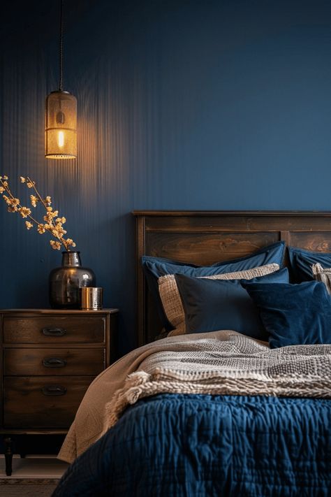 29 Moody Bedroom Retreats 1 Peacock Color Room Ideas, Dark Blue And Green Bedroom, Dark Blue Walls Bedroom, Small Blue Bedroom, Waterfront Townhouse, Deep Blue Bedroom, Moody Blue Bedroom, Dark Blue Color Scheme, Dark Teal Bedroom Ideas