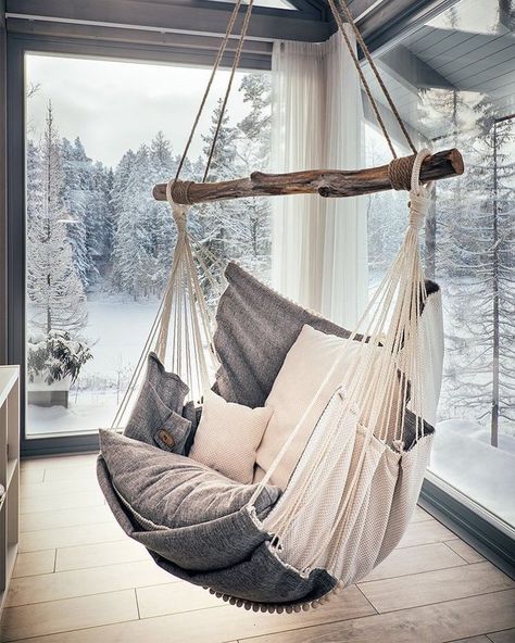 Interior Design & Decor Ideas on Instagram: “Cozy and comfy hammock chair indoor seating.. 😍😍 . ——————————————— 👉 Follow @cozyhouze_com 👈 👉 Follow @cozyhouze_com 👈 👉 Follow…” Diy Hammock Chair, Diy Hanging Chair, Hanging Chair Indoor, Diy Hammock, Hygge Style, Indoor Hammock, Interior Design Per La Casa, Hanging Hammock Chair, Hanging Hammock