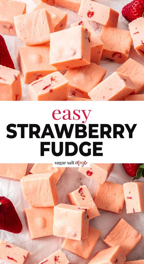 This strawberry fudge takes just minutes to make and is perfect for any strawberry-loving sweet tooth. It’s fun, easy and filled with real strawberry pieces. Flavoured with strawberry jelly crystals (jello), sweetened condensed milk, vanilla and white chocolate give this strawberry fudge a real strawberries and cream flavour. While the optional freeze dried strawberries add some real strawberry pieces into the mix. Everything gets mixed together in a saucepan and takes a maximum of 10 minutes. Fudge Recipe Condensed Milk, Condensed Milk Recipes Easy, Strawberry Fudge Recipe, Strawberry Fudge, Jelly Crystals, Salted Caramel Fudge, Condensed Milk Recipes, Fudge Recipes Easy, Cream Candy