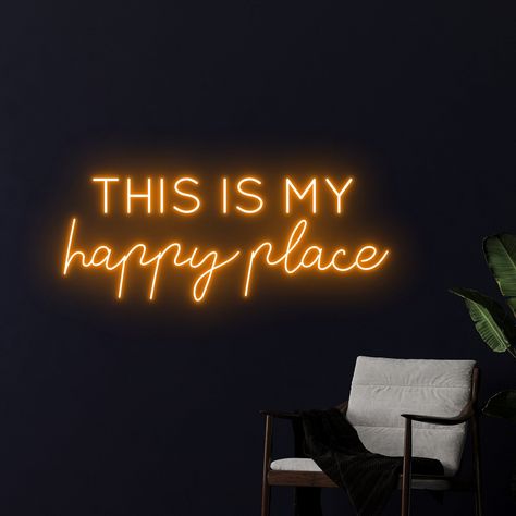 #NeonSigns #BrightIdeas #NeonSignNames #NeonInspiration #NeonRoom #RoomDecor This Is My Happy Place Neon Sign, Cool Neon Signs, Neon Signs Quotes, Wall Art Light, Business Mission, Light Words, Neon Signage, Light Font, Neon Wall Signs