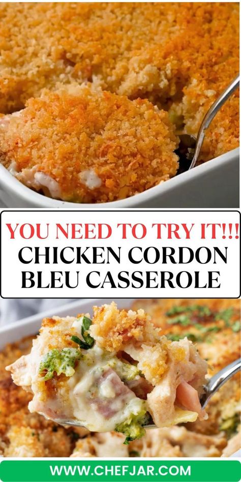 Dive into the comfort of this Chicken Cordon Bleu Casserole! Layers of juicy chicken, ham, cheese, and a crispy topping. Perfect for a cozy family dinner. Chicken Cordon Bleu Casserole Recipe, Cordon Bleu Casserole, Chicken Cordon Bleu Casserole, Chicken Ham, Chicken Cordon, Favorite Recipes Dinner, Ham Cheese, Chicken Cordon Bleu, Easy Casserole Recipes