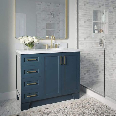 Quartz Vanity, Blue Bathroom Vanity, Types Of Countertops, Blue Vanity, Quartz Vanity Tops, Bathroom Vanity Base, White Quartz Countertop, Blue Cabinets, White Marble Countertops