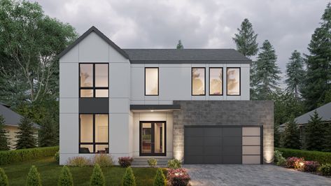 Our House Plan Collections - Direct From The Designers™ Balcony On Top Of Garage, Two Story House Plan With Main Floor Master, Contemporary Two Story House Exterior, Modern Mansion House Plans, Modern Two Story Homes, Contemporary Style House, Minimal House, Town Houses, Tandem Garage