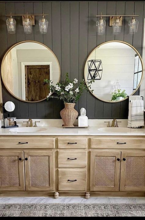 European Farmhouse Bathroom, Farmhouse Master Bath, Lake House Bathroom, New House Bathroom, Suite Bathroom, Staining Cabinets, Basement Makeover, Bathroom Modern, High Road