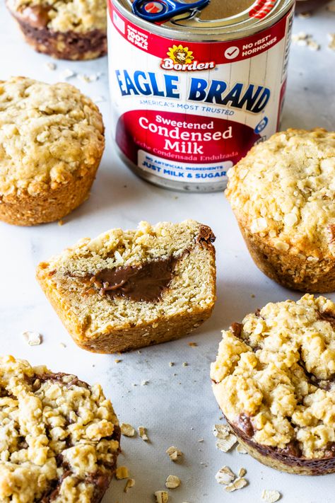 Baked Oatmeal Cups with Chocolate fudge filling made with Eagle Brand® Sweetened Condensed Milk #ad #oatmeal #cups #cookies #cookie #easy #chocolate #condensedmilk #chewy #dessert #snack #breakfast #brunch Chocolate Fudge Filling, Eagle Brand Recipes, Condensed Milk Recipes Desserts, Condensed Milk Desserts, Milk Recipes Dessert, Arabic Dessert, Baked Oatmeal Cups, Condensed Milk Recipes, Oatmeal Cups