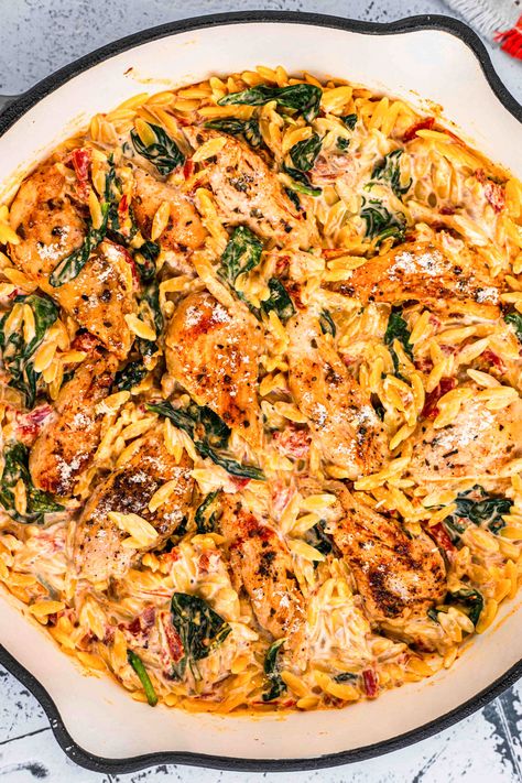 High Protein Pasta Recipes, Roasted Tomato Chicken, Chicken Orzo Pasta, Creamy Orzo Pasta, Protein Pasta Recipes, Sundried Tomato Chicken, High Protein Pasta, Chicken Breast Tenderloins, Chicken Pasta Dishes