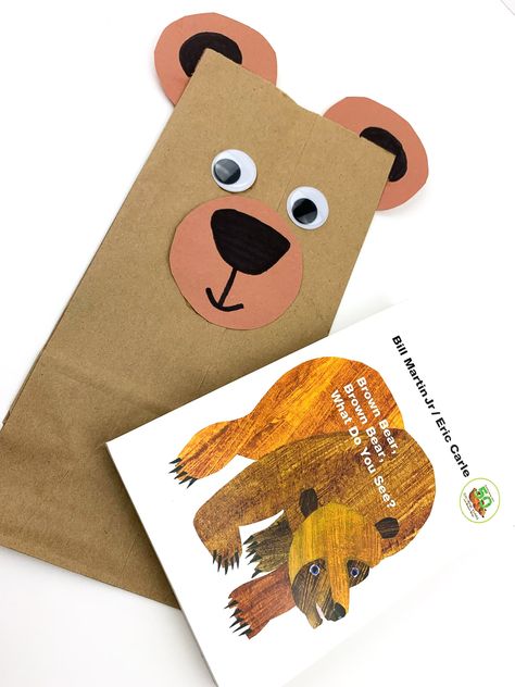 Grab your brown bag and make this adorable Brown Bear Paper Bag Craft! It's the perfect craft to do while reading the book Brown Bear, Brown Bear, What Do You See? With only a handful of supplies this craft is so easy and fun. Brown Paper Bag Puppets, Brown Bear Paper Bag Craft, Brown Bear Book Activities, Paper Bag Bear Craft, Color Brown Crafts Preschool, Brown Crafts For Preschoolers, Bear Crafts For Toddlers, Brown Bear Brown Bear Crafts, Brown Bear Craft