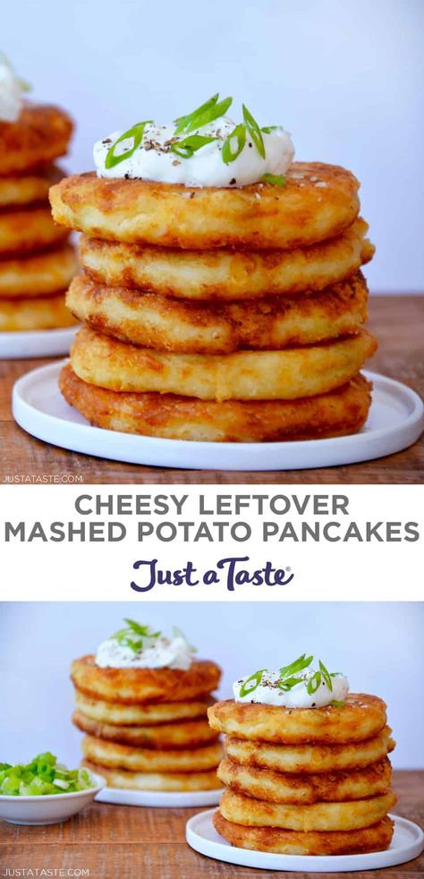 Got leftover mashed potatoes? Transform them into easy, cheesy potato pancakes! They’re light, fluffy and loaded with cheese and onions. Best of all, this Cheesy Leftover Mashed Potato Pancakes recipe comes together in minutes and is wide open to customizations. justataste.com #potatopancakes #leftovermashedpotatoes #mashedpotatocakes #potatopancakesfrommashedpotatoes #potatorecipes #food #justatasterecipes Cheesy Mashed Potato Pancakes, Potato And Cheese Pancakes, Mash Potato Leftovers Ideas, Cheesy Potato Cakes, Potato Cakes With Cheese, What To Do With Mashed Potatoes, Mashed Potatoes And, Breakfast Mashed Potatoes, Leftover Potatoes Ideas