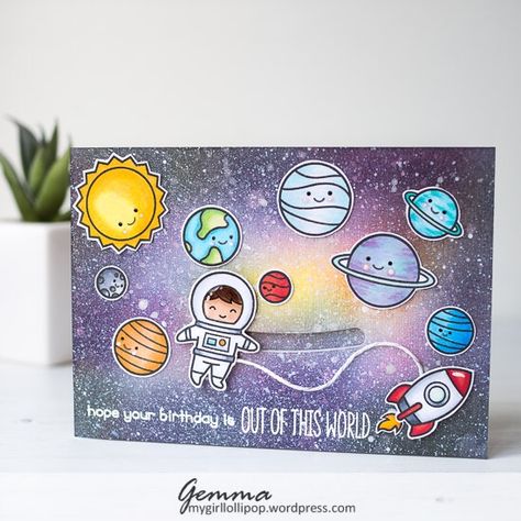 I’m back on the Seven Hills Crafts blog for an extra day this week with a space themed birthday card. My nephew turns 3 next month and has recently become fascinated with the planets of the s… Lawn Fawn Blog, Anniversaire Diy, Birthday Card Craft, Slider Cards, Lawn Fawn Stamps, Lawn Fawn Cards, Interactive Cards, Mft Stamps, Lawn Fawn