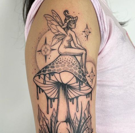 Fairy Themed Tattoo Sleeve, Fairy On A Mushroom Tattoo, Fairy Sitting On Mushroom Tattoo, Fairy Garden Tattoo Sleeve, Naked Fairy Tattoo, Mushroom Fairy Tattoo, Mushroom Lady Tattoo, Fairy Sleeve Tattoo, Cool Nature Tattoos