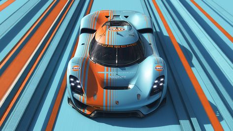 Porsche Vision 908 - Gulf Edition on Behance Gulf Racing Colours, Gulf Racing, Porsche 935, Porsche 917, Porsche Classic, Racing Car Design, Porsche Cars, Futuristic Cars, Car Posters