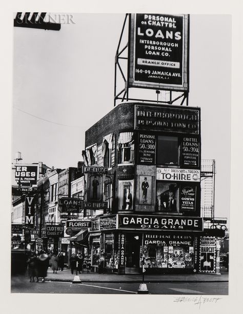 Berenice Abbott (American, 1898-1991)   Billboards and Signs, Fulton Street between State Street and Ashland Place, Brooklyn, 1936. Auction: 3100B | Lot: 102 | Estimate: $1,000-1,500 Vintage Nyc, Fulton Street, Berenice Abbott, New York Poster, State Street, Ny City, Greenwich Village, Ohio State University, Vintage New York