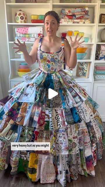 Cait Trantham on Instagram: "Here’s how the dress stays in place, even when I spin and jump around 😂🙌🏻 ✨  . . . #teatoweldress #thedresssdfair #upcycling #upcycledfashion  #upcycled #costumedesign" Scrap Fabric Dress, Recycled Gown Ideas, Patchwork Dress Diy, Trashion Show Recycled Fashion, Anything But Clothes Party Ideas, Upcycling Dress, Anything But Clothes Party, Recycled Gown, Upcycle Fashion Diy