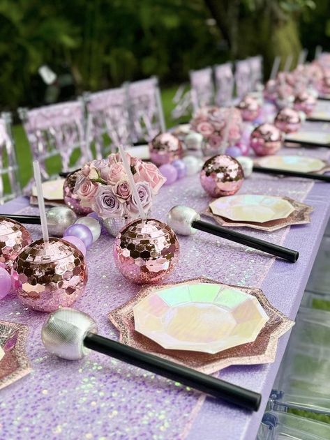 Kara's Party Ideas Taylor Swift Themed Party | Kara's Party Ideas Taylor Swift Birthday Party Table Decor, Taylor Swift Birthday Table Decor, Taylor Swift Party Table Decor, Taylor Swift Party Centerpieces, Taylor Swift Tablescape, Iridescent Decor Party, Eras Themed Party, Disco Tea Party, Taylor Swift Centerpiece Ideas