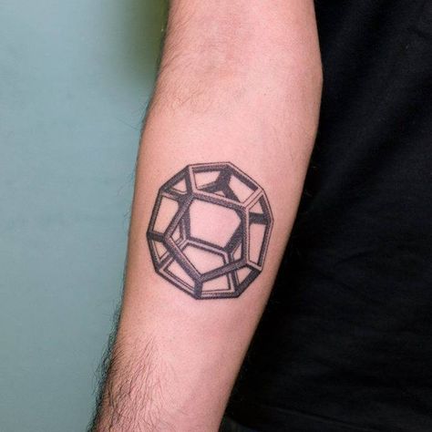 A regular dodecahedron tattoo, one of the five platonic solids. Geometric Shape Tattoo, Iris Tattoo, Optical Illusion Tattoo, Inner Forearm Tattoo, Platonic Solids, Sick Tattoo, Sacred Geometry Tattoo, Geometry Tattoo, Geometric Tattoo Design