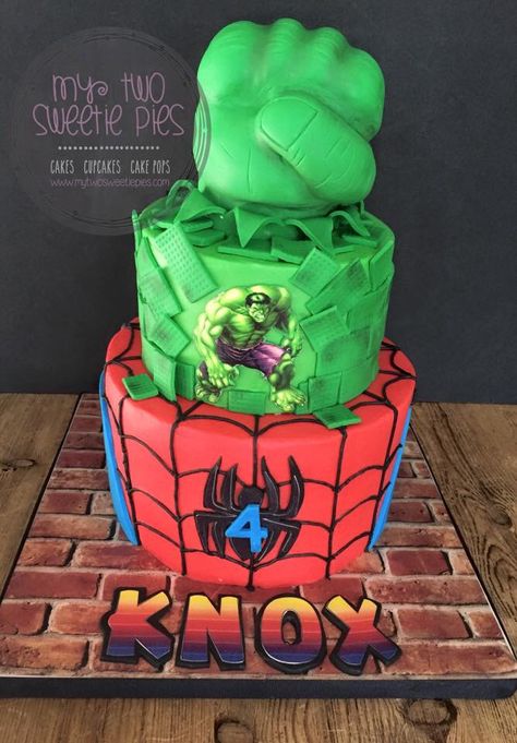 Spider Man And Hulk Birthday, Hulk Spiderman Cake, Spiderman Hulk Birthday Cake, Spider Man And Hulk Cake, Hulk And Spiderman Cake, Half Spiderman Half Hulk Cake, Two Tier Spiderman Cake Ideas, 3 Tier Spiderman Cake, Hulk Cake