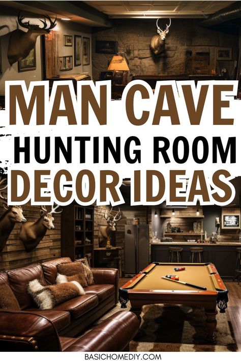 Find the best 11 hunting man cave decor ideas for the outdoor enthusiast. Bring the great outdoors into your home with rustic cabin lodge wall decor and hunting lodge decor ideas. Find hunting room decor inspiration with deer and cabin signs, animal mounts, and antler decor. Perfect for camo living rooms, a hunting room den, or basement trophy rooms. These man cave decor ideas are perfect for duck hunting and fishing as well as taxidermy inspo to create a rustic hunting room. Hunting Game Room Ideas, Turkey Call Display, Hunting Home Decor Deer, Hunting Cabin Living Room, Hunter Decor Rustic, Duck Hunting Room Ideas, Hunting Cabin Aesthetic, Hunting Bedroom Ideas For Men, Living Room Decor With Deer Mounts