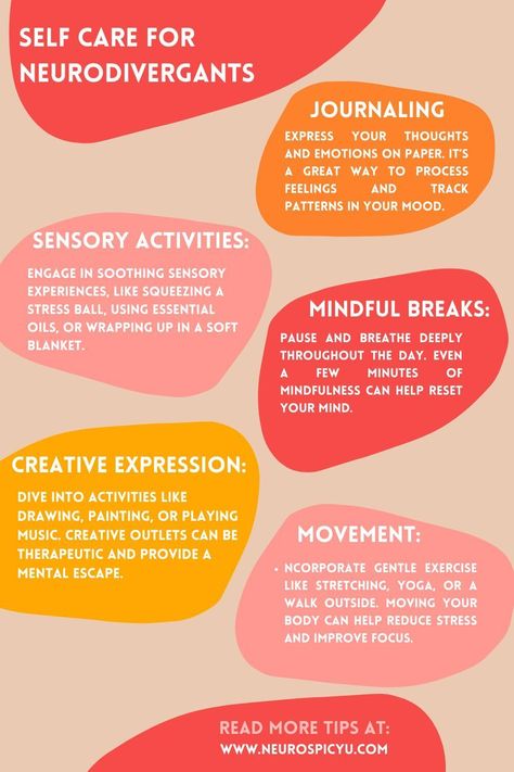 Prioritize your well-being with these self-care ideas designed specifically for neurodivergent individuals. Small steps can lead to big improvements in mental health. Neurodivergent Self Care, Small Steps, Sensory Activities, Creative Outlet, Creative Expressions, Well Being, Self Care, Mindfulness, Health