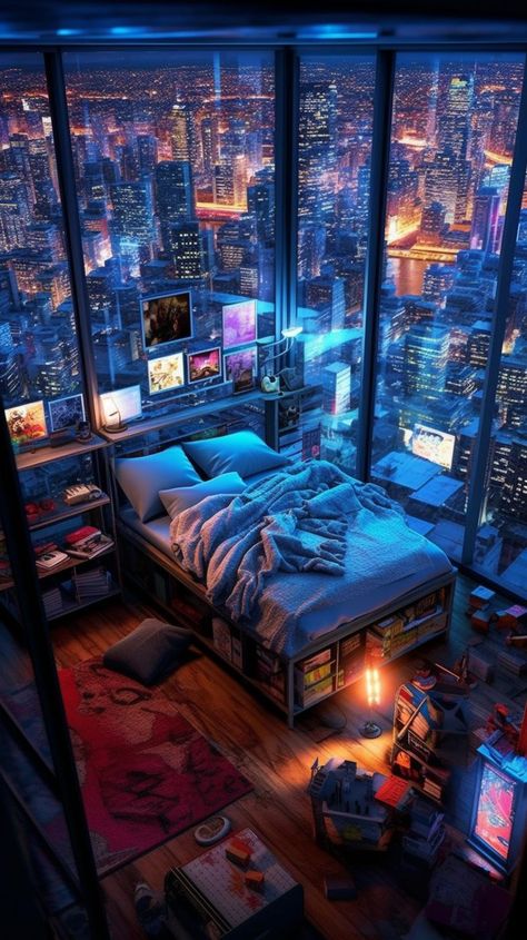 Room Window Aesthetic, Cyberpunk Aesthetic Room, Bedroom High Ceiling, Cyberpunk Bedroom, Cyberpunk House, Cyberpunk Apartment, Cyberpunk Room, Cyberpunk World, Futuristic Bedroom