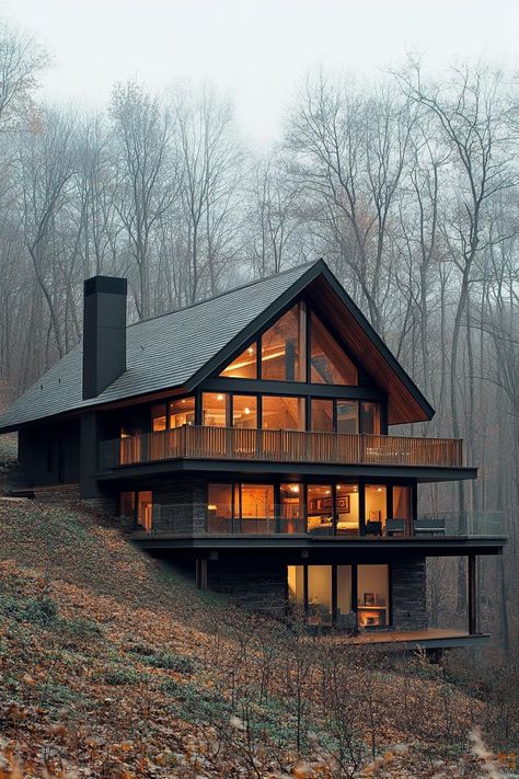 Cozy wooden house perched on a forested hill. Gravity-defying homes on steep hillsides are keeping both your footing and style impeccably adventurous. Hillside A Frame House, Houses On Slopes Architecture, Three Story Mountain House, Lake House On A Hill, Three Level House, Slope Roof House Design, House In The Middle Of The Forest, Steep Slope House Design, Hill House Architecture