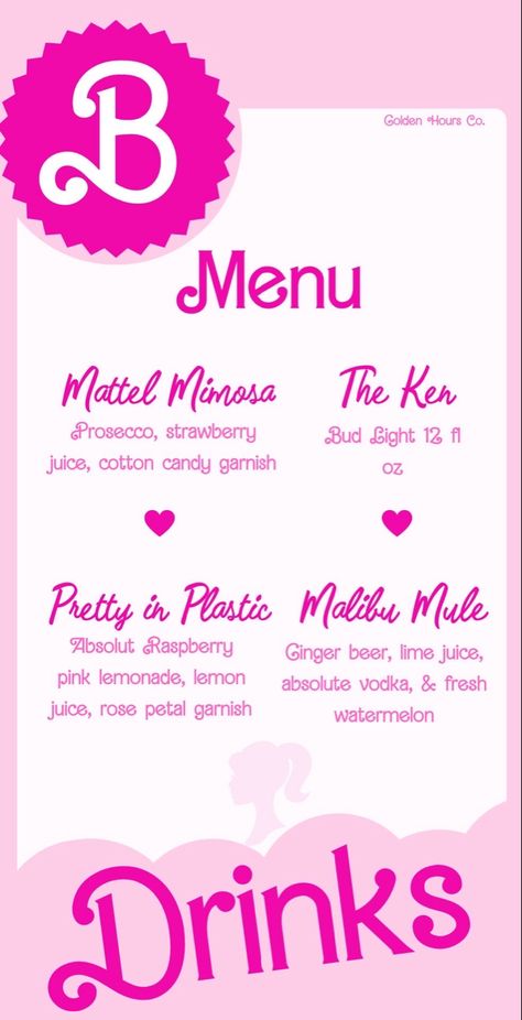 #barbie #barbieinspo #barbieparty #barbietheme #menu #menuinspo #drinkmenuinspo Barbie Menu Ideas, Barbie Food Ideas, Barbie 30th Birthday Party, Barbie Campaign, Barbie Bar, Barbie Drink, Bartending Business, Event Planning Board, Barbie Cocktail