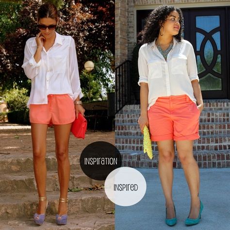 Coral shorts Coral Shorts Outfit Summer, Orange Shorts Outfit Summer, Coral Shorts Outfit, Orange Shorts Outfit, Outfits Jorts, Coral Outfit, Combination Of Colors, Denim Shorts Outfit, Wardrobe Styling