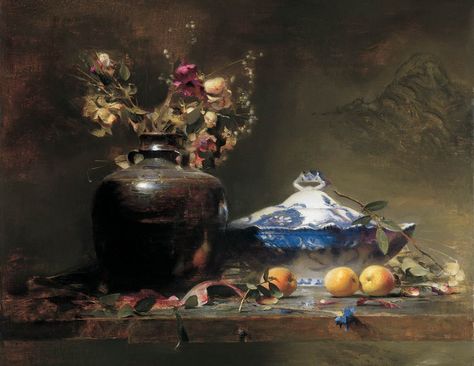 David Leffel - Flo Blue • Apricots • Dried Flowers, 1998 Still Life Images, Fine Art Painting Oil, Still Life Oil Painting, A4 Poster, Painting Still Life, Still Life Art, Rembrandt, Still Life Painting, Art Oil