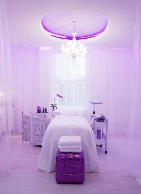 Lash Room Decor Purple, Purple Facial Room, Purple Spa Room Ideas, Purple Massage Room, Waxing Spa Decor, Esthetician Room Purple, Ikea Esthetician Room, Lavender Esthetician Room, Esthetician Product Display