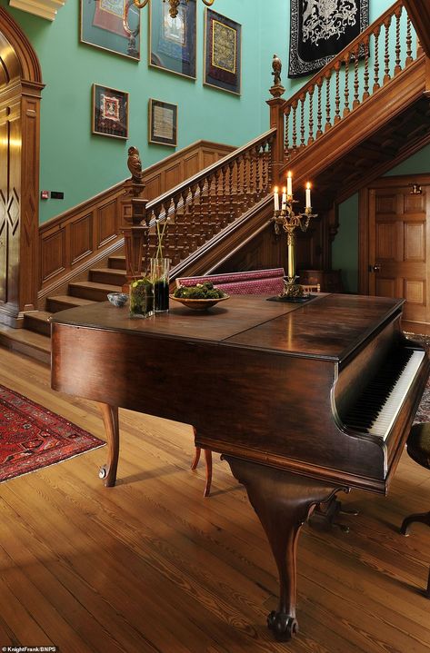 A stunning period staircase is pictured with a luxurious grand piano at the foot of it, matching period wooden floors Scottish Country House, Wooden Piano, Home Library Rooms, Health Retreat, Cottage Witch, Wooden Floors, Wooden Stairs, Luxury Boutique Hotel, Mansions Homes