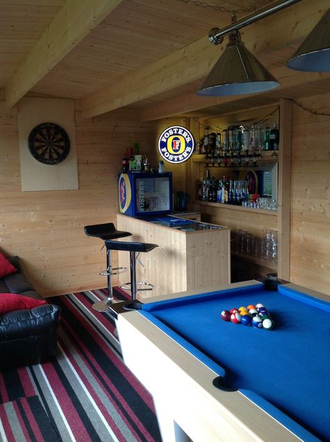 Sarah's log cabin really is fully furnished, it looks like the ideal chill out spot! ''This is the log cabin we bought last year, fondly referred to as 'the shed'. A much loved space appreciated by myself & my family, friends & relatives.'' Man Shed Interior Ideas, Diy Outdoor Bar Ideas, Log Cabin Interior Design, Outdoor Bar Ideas, Garden Bar Shed, Summer House Interiors, Garden Shed Ideas, Cabin Bar, Cabin Interior Design