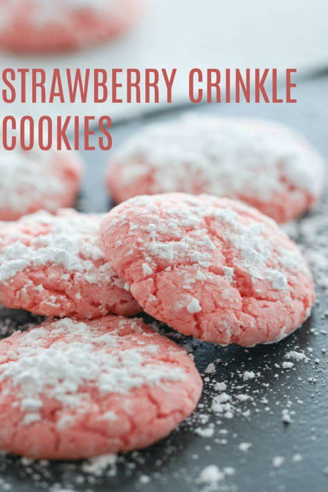 Strawberry Crinkle Cookies | Six Sisters' Stuff I love the month of love for many reasons, but the main reason is because of all the treats and candy. I swear Valentine's Day and Easter, easily have the best candy and treats, out of all the other seasons. They are so fruity and yummy. These Strawberry Crinkle Cookies are the perfect festive cookie for the holiday. #crinklecookies #strawberrydessert Strawberry Crinkle Cookies Recipe, Strawberry Crinkle Cookies, Valentines Recipes Desserts, Crinkle Cookies Recipe, Six Sisters Stuff, Month Of Love, Strawberry Cake Mix, Low Carb Cheesecake, Festive Cookies