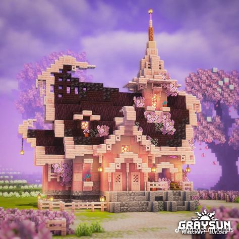 Minecraft Houses Cherry Wood, Cherry Wood Builds Minecraft, Minecraft Cherry Wood House, Cherry Wood House Minecraft, Cherry House Minecraft, Cherry Wood Minecraft House, Cute Things To Build In Minecraft, Pretty Minecraft Houses, Kawaii Minecraft