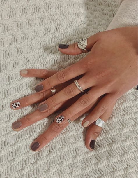 Winter Country Nails, Western Nails Neutral, Trendy Brown Nails Short, Neutral Cow Print Nails, Brown Cow Print Nails Short, Brown Monochrome Nails, Boho Western Nails Almond, Western Nails Brown, Cow Print Fall Nails