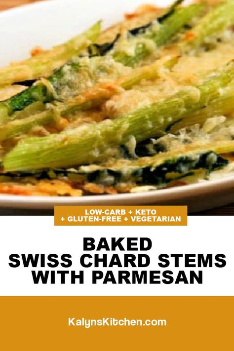 If you're a fan of nutritious swiss chard, save the stems and make this delicious Baked Swiss Chard Stems with Parmesan! This is a tasty idea that uses the part of the chard that usually gets thrown away! [found on kalynskitchen.com] #SwissChardRecipes #BakedSwissChard #LowCarbSideDish Swiss Chard Stems, Swiss Chard Recipes, Chard Recipes, Healthy Sweet Snacks, Low Carb Side Dishes, Swiss Chard, Nutritious Snacks, Healthy Side Dishes, Veggie Sides