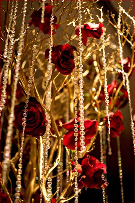 ☛All Things Red•Gold☚ Manzanita Centerpiece, Beauty And Beast Wedding, Beauty And The Beast Theme, Beauty And The Beast Party, Gold Centerpieces, Quinceanera Decorations, Maroon Wedding, Quinceanera Party, Disney Wedding