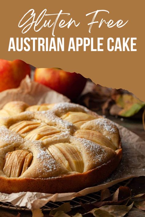 a photo of an austrian apple cake with apples in the back ground Apple Kuchen Recipe, Gluten Free Apple Cake, Best Apples For Baking, German Apple Cake, Easy Apple Cake, Gluten Free Apple, Apple Cake Recipes, Gluten Free Cake, Tasty Vegetarian Recipes